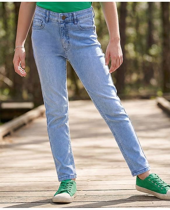 Pine Kids Cotton Rich Full Length Stretchable Denim with Adjustable waist band - Blue