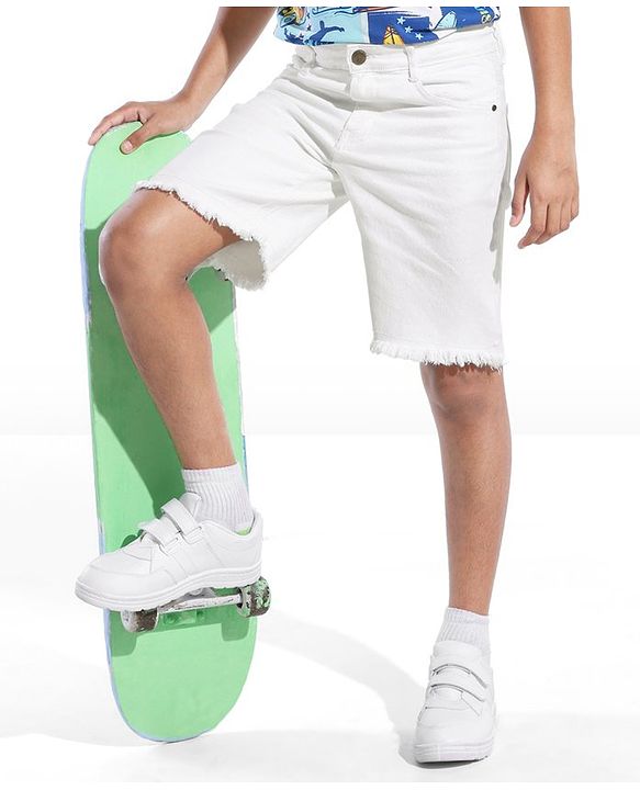 Pine Kids Denim Knee Length Shorts Solid Colour - White