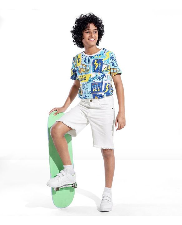 Pine Kids Denim Knee Length Shorts Solid Colour - White