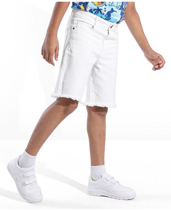 Pine Kids Denim Knee Length Shorts Solid Colour - White