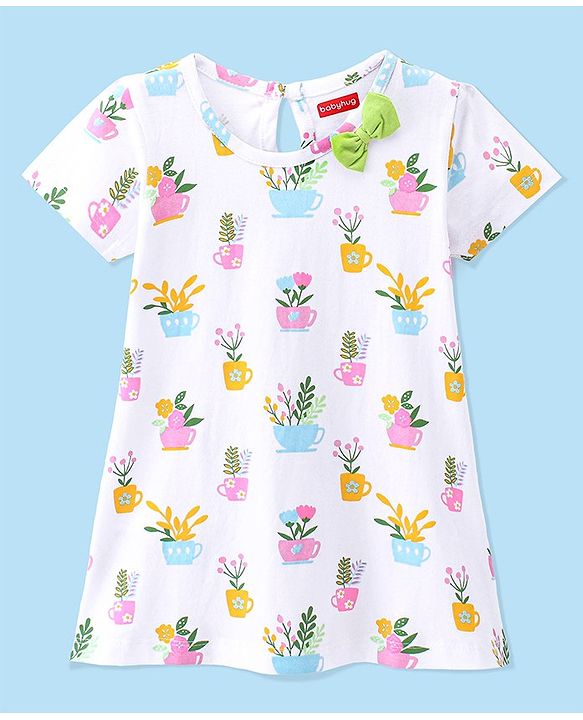Babyhug Cotton Jersey Half Sleeves Frock with Flower Pots Print - White Blue & Pink