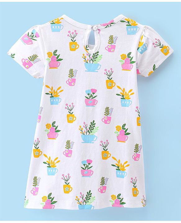 Babyhug Cotton Jersey Half Sleeves Frock with Flower Pots Print - White Blue & Pink