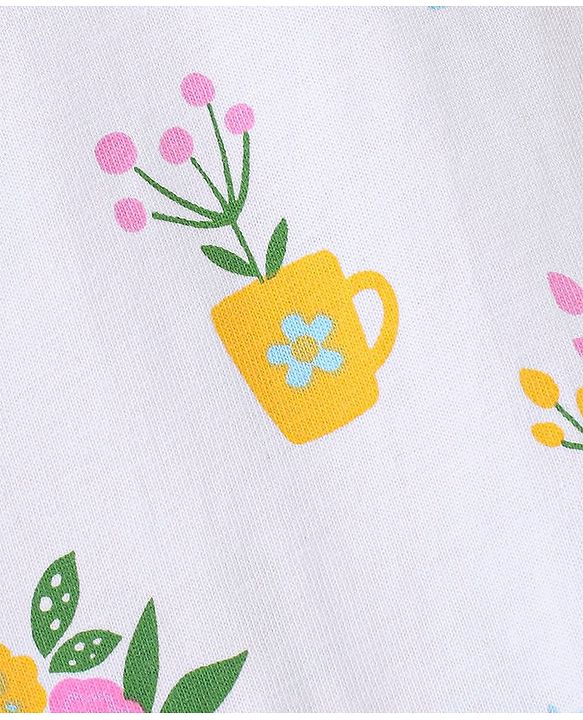 Babyhug Cotton Jersey Half Sleeves Frock with Flower Pots Print - White Blue & Pink