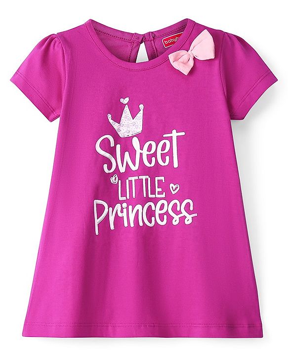 Babyhug 100% Cotton Jersey Knit Half Sleeves Frock Text Print - Magenta