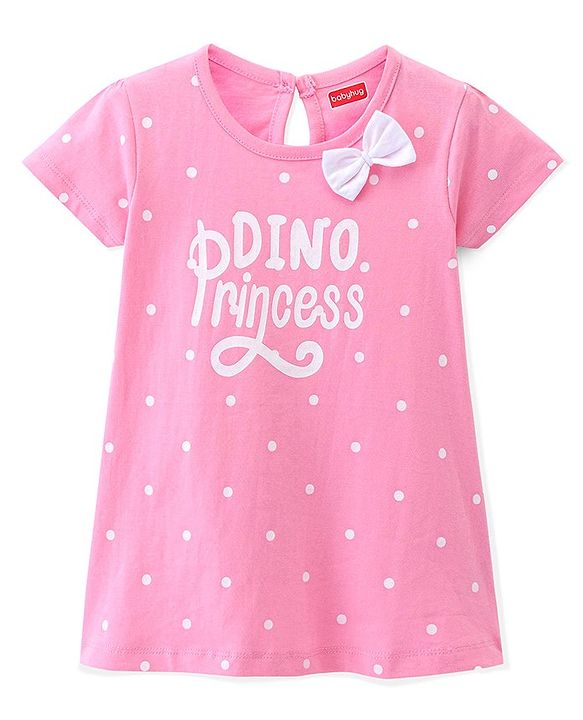 Babyhug Cotton Jersey Knit Half Sleeves Frock with Polka Dots Print & Bow Applique - Pink
