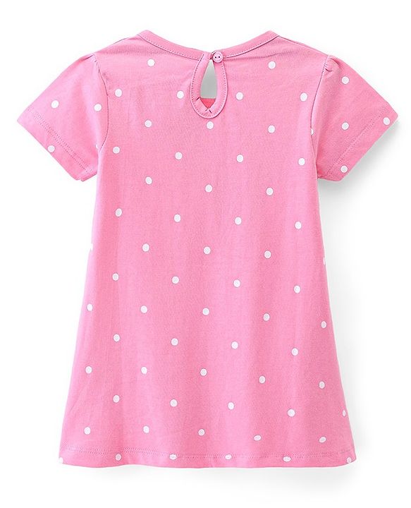 Babyhug Cotton Jersey Knit Half Sleeves Frock with Polka Dots Print & Bow Applique - Pink