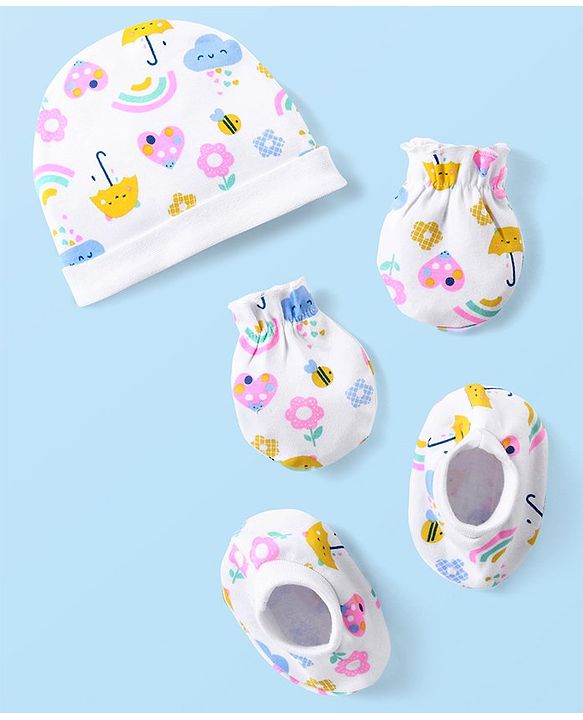 Babyhug 100% Cotton Cap Mittens & Booties Set Floral & Rainbow Print - Multicolour