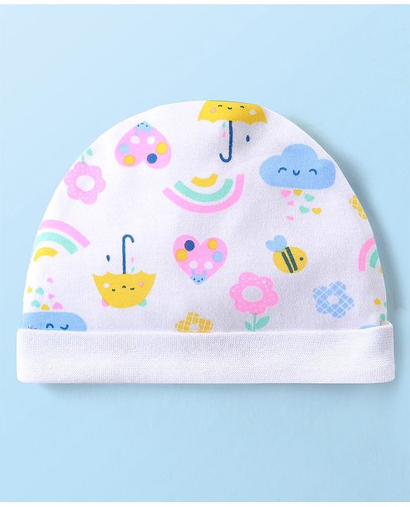 Babyhug 100% Cotton Cap Mittens & Booties Set Floral & Rainbow Print - Multicolour