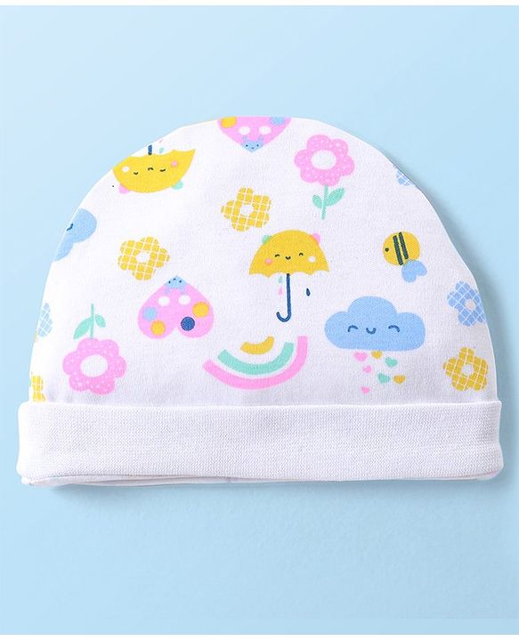 Babyhug 100% Cotton Cap Mittens & Booties Set Floral & Rainbow Print - Multicolour