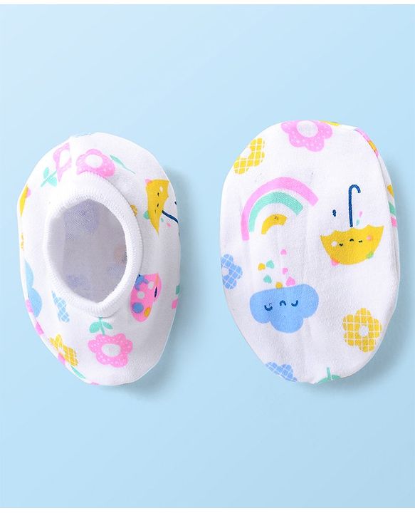 Babyhug 100% Cotton Cap Mittens & Booties Set Floral & Rainbow Print - Multicolour