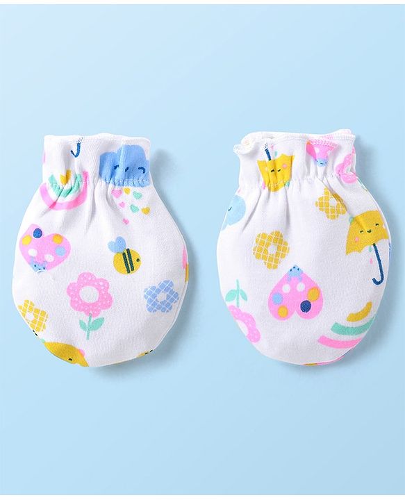 Babyhug 100% Cotton Cap Mittens & Booties Set Floral & Rainbow Print - Multicolour