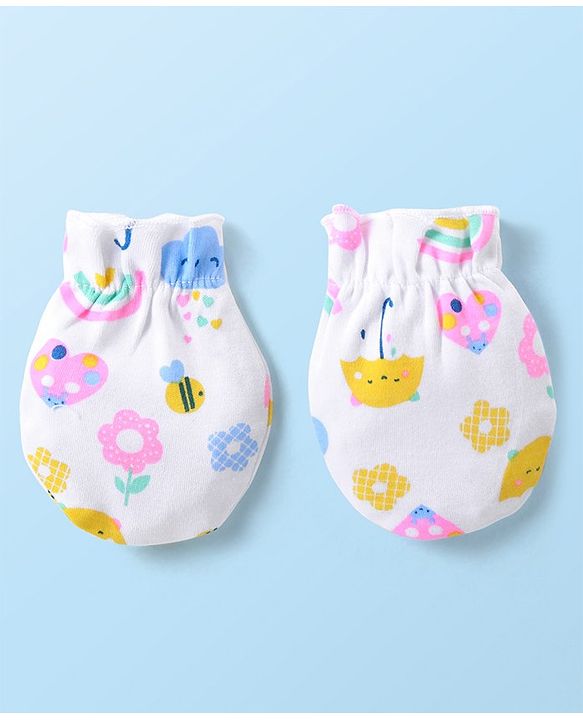 Babyhug 100% Cotton Cap Mittens & Booties Set Floral & Rainbow Print - Multicolour