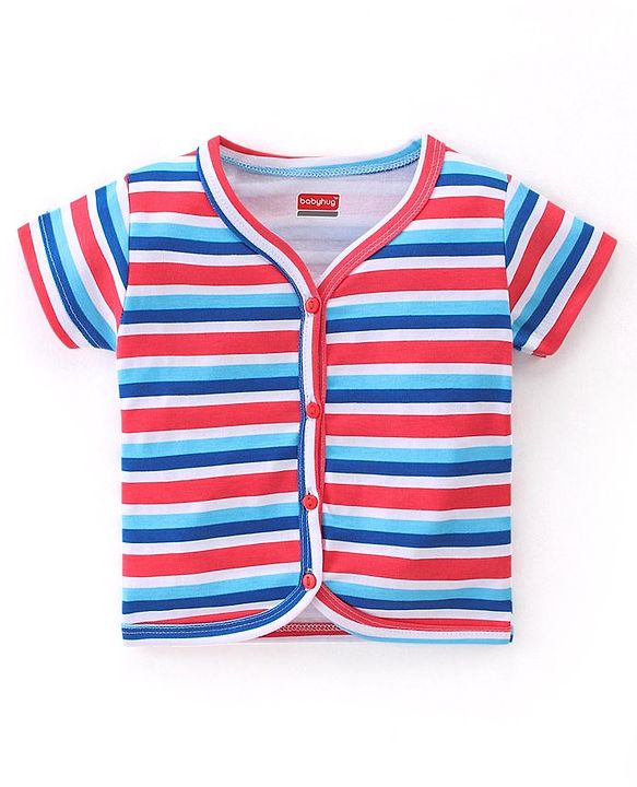 Babyhug 100% Cotton Knit Half Sleeves Front Open Vest Striped & Beach Theme Pack of 3 - Blue Red & White