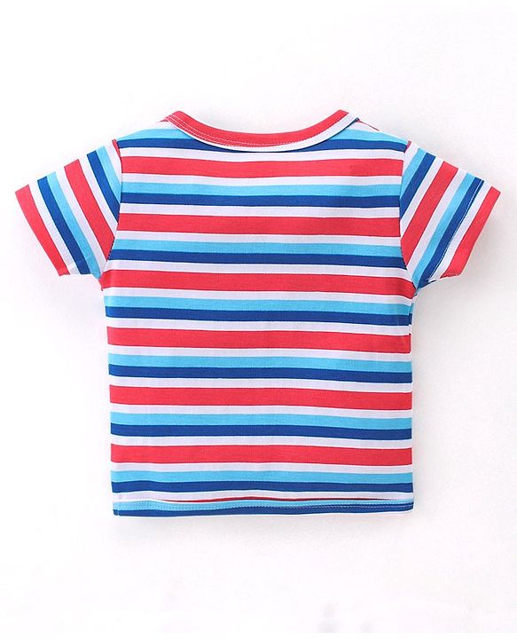 Babyhug 100% Cotton Knit Half Sleeves Front Open Vest Striped & Beach Theme Pack of 3 - Blue Red & White