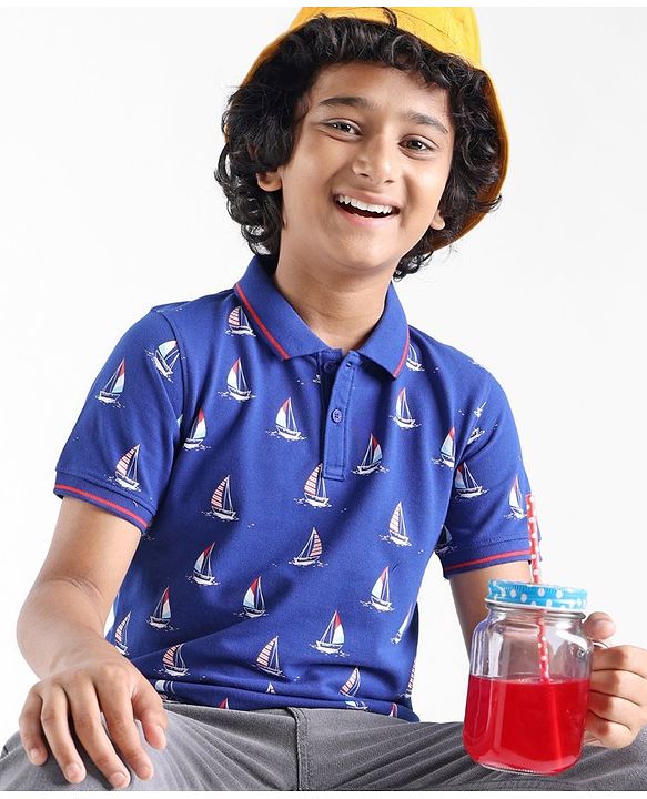 Pine Kids Cotton Knit Half Sleeves Polo T-Shirts Boat Print- Limoges