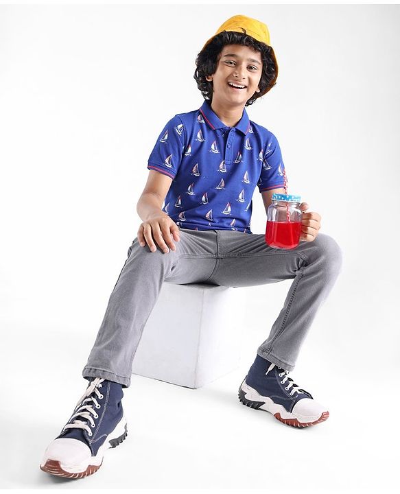 Pine Kids Cotton Knit Half Sleeves Polo T-Shirts Boat Print- Limoges