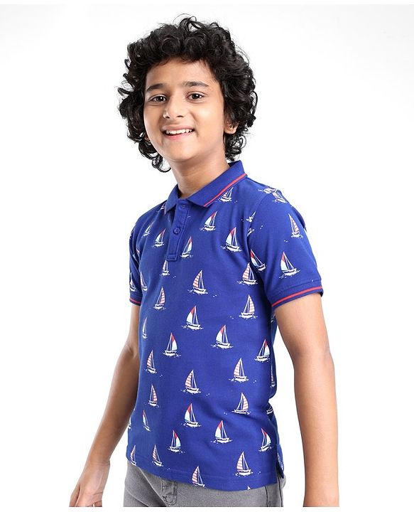 Pine Kids Cotton Knit Half Sleeves Polo T-Shirts Boat Print- Limoges