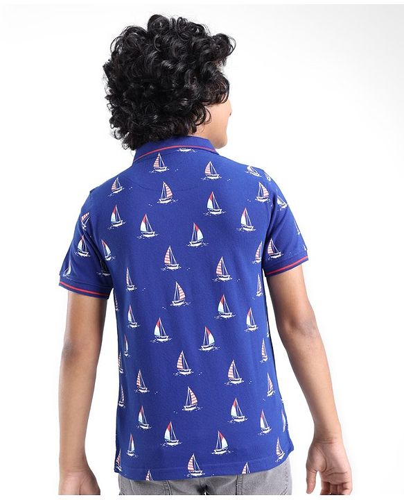 Pine Kids Cotton Knit Half Sleeves Polo T-Shirts Boat Print- Limoges