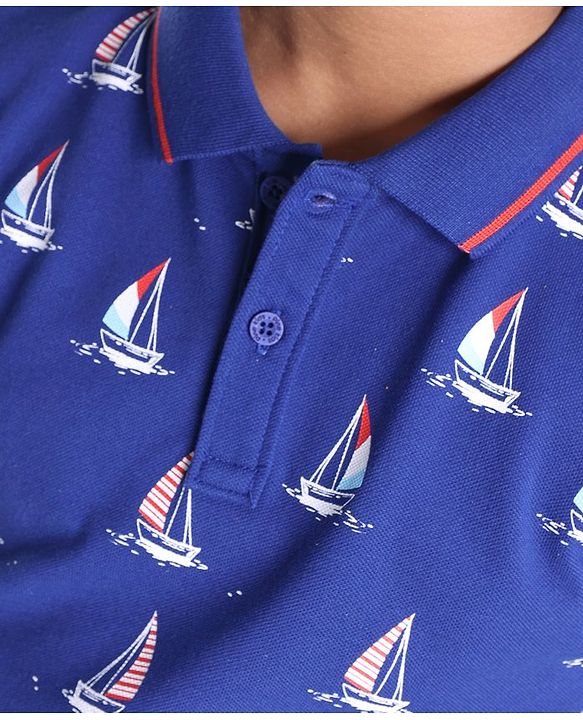 Pine Kids Cotton Knit Half Sleeves Polo T-Shirts Boat Print- Limoges