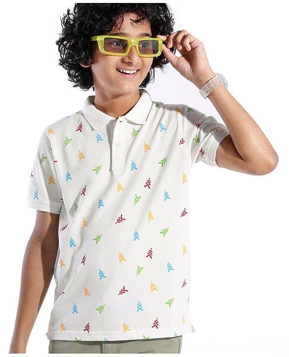 Pine Kids Cotton Blend Knit Half Sleeves Polo T-Shirt Logo Print - Snow White