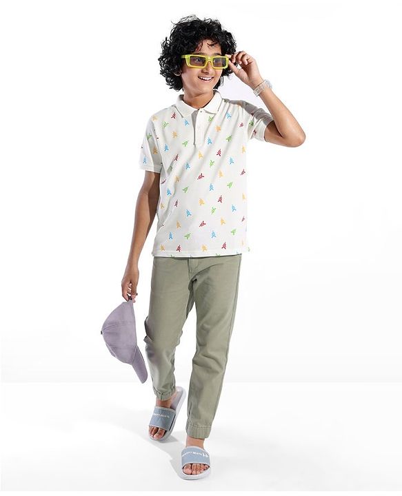 Pine Kids Cotton Blend Knit Half Sleeves Polo T-Shirt Logo Print - Snow White
