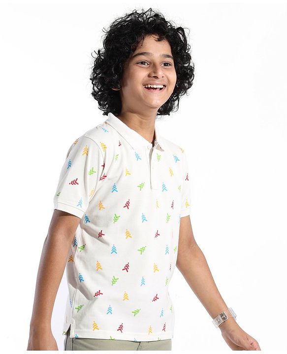 Pine Kids Cotton Blend Knit Half Sleeves Polo T-Shirt Logo Print - Snow White