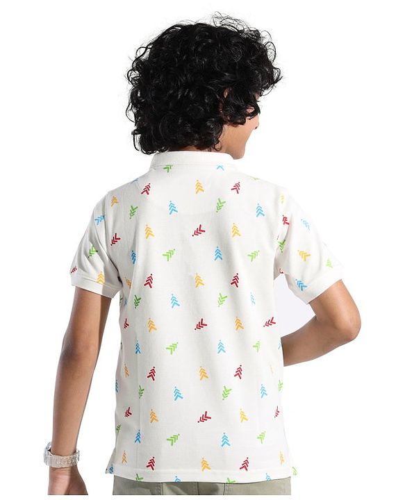 Pine Kids Cotton Blend Knit Half Sleeves Polo T-Shirt Logo Print - Snow White