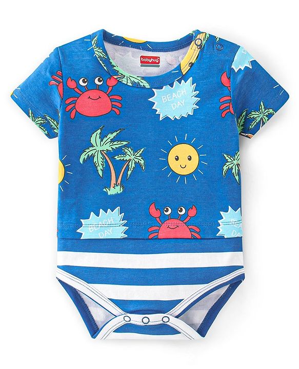 Babyhug 100% Cotton Half Sleeves Onesie With Beach Print - Navy Blue