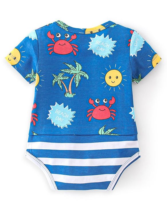 Babyhug 100% Cotton Half Sleeves Onesie With Beach Print - Navy Blue