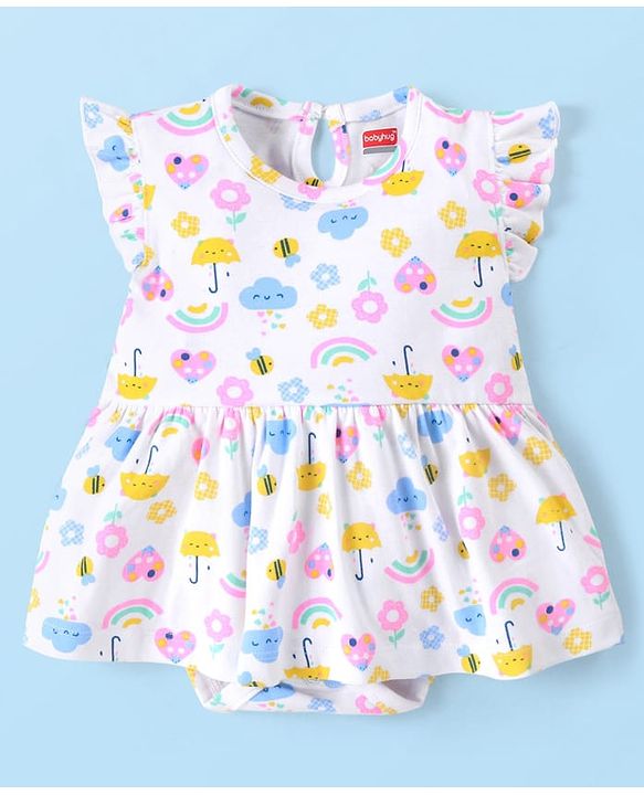Babyhug 100% Cotton Frill Sleeves Frock Style Onesie Rainbow Print - Multicolour