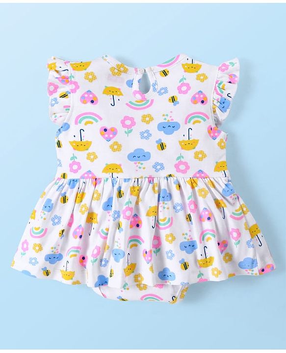 Babyhug 100% Cotton Frill Sleeves Frock Style Onesie Rainbow Print - Multicolour