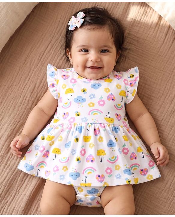 Babyhug 100% Cotton Frill Sleeves Frock Style Onesie Rainbow Print - Multicolour
