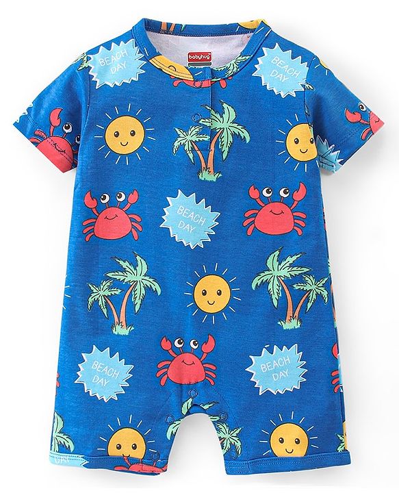 Babyhug 100% Cotton Knit Half Sleeves Romper With Beach Theme Print - Blue