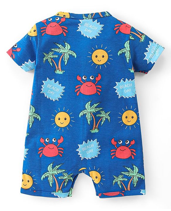 Babyhug 100% Cotton Knit Half Sleeves Romper With Beach Theme Print - Blue