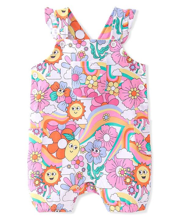 Babyhug Cotton Knit Floral Printed Dungaree with Half Sleeves Inner Tee - Multicolour
