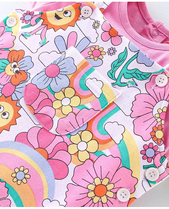 Babyhug Cotton Knit Floral Printed Dungaree with Half Sleeves Inner Tee - Multicolour