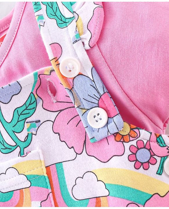 Babyhug Cotton Knit Floral Printed Dungaree with Half Sleeves Inner Tee - Multicolour