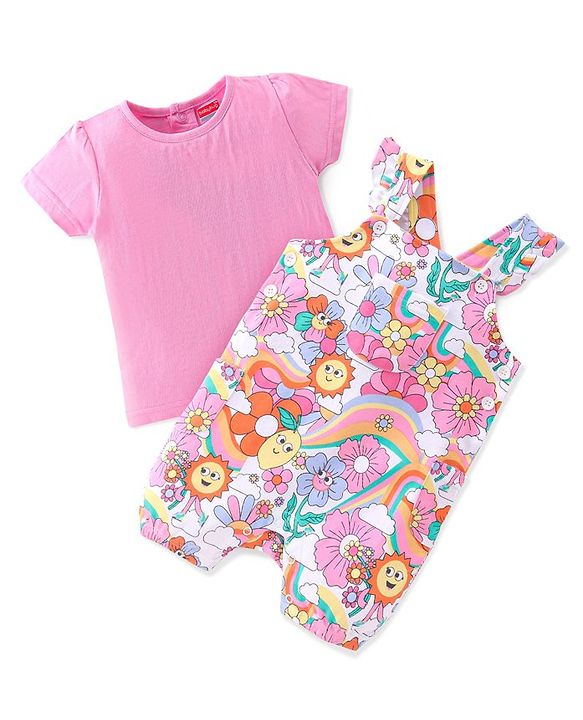 Babyhug Cotton Knit Floral Printed Dungaree with Half Sleeves Inner Tee - Multicolour