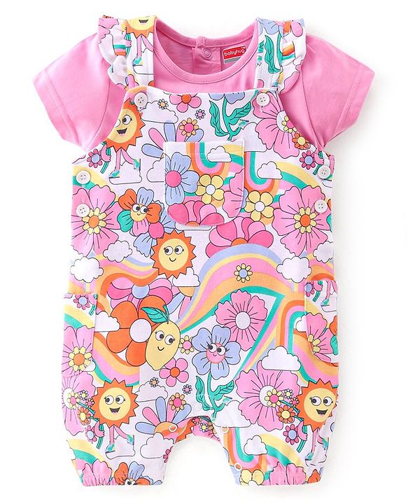 Babyhug Cotton Knit Floral Printed Dungaree with Half Sleeves Inner Tee - Multicolour