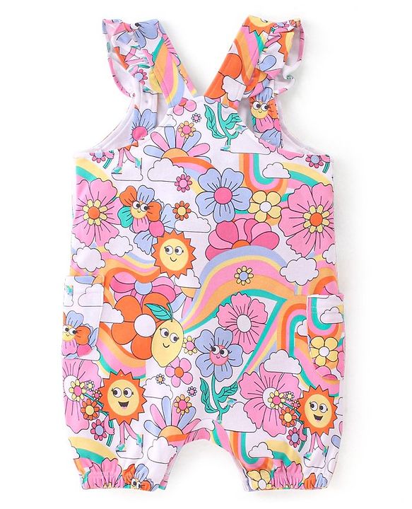Babyhug Cotton Knit Floral Printed Dungaree with Half Sleeves Inner Tee - Multicolour
