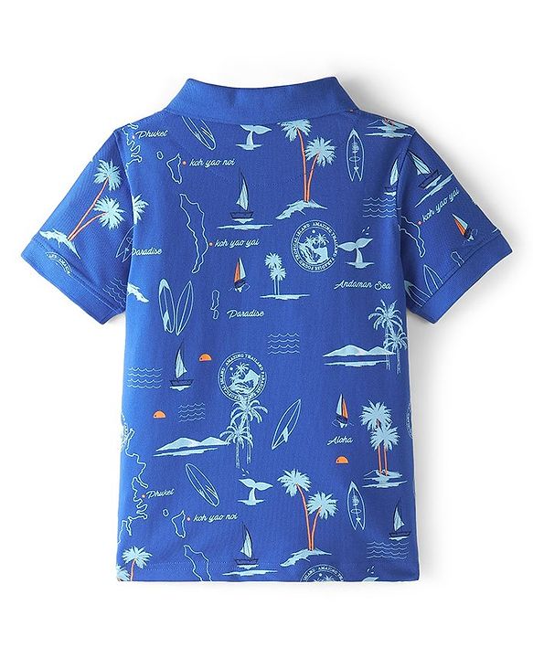 Pine Kids Cotton Knit Half Sleeves Polo T-Shirt Beach Print - Nebulas Blue