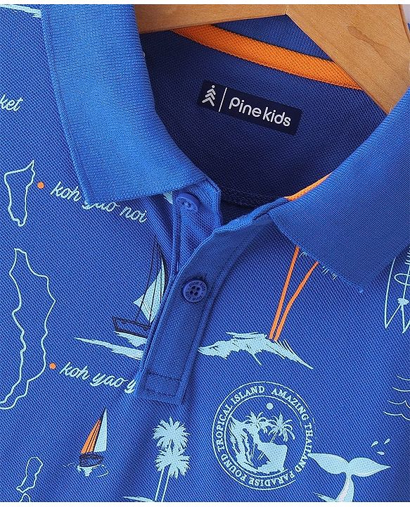 Pine Kids Cotton Knit Half Sleeves Polo T-Shirt Beach Print - Nebulas Blue