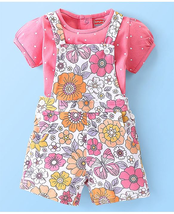 Babyhug Single Jersey Cotton Knit Dungaree & Half Sleeves Inner Tee Set Floral Print - Multicolour