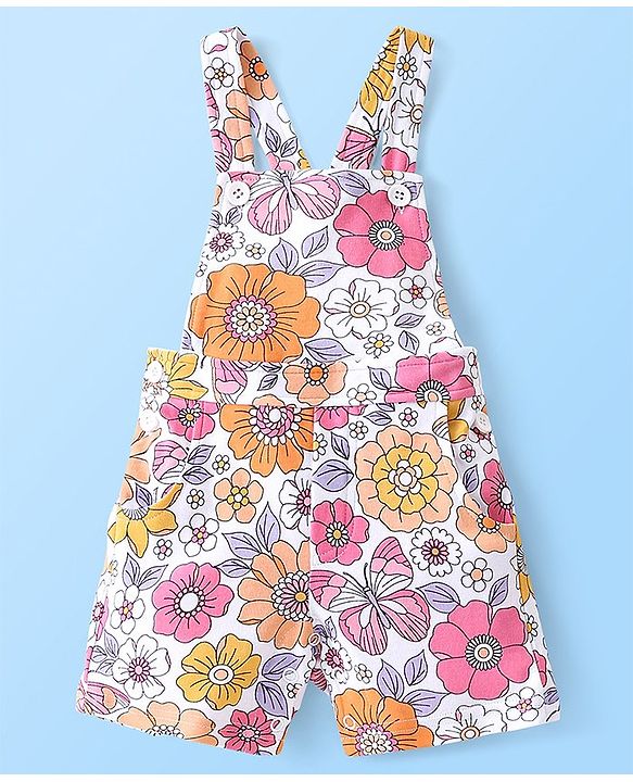 Babyhug Single Jersey Cotton Knit Dungaree & Half Sleeves Inner Tee Set Floral Print - Multicolour