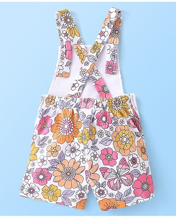 Babyhug Single Jersey Cotton Knit Dungaree & Half Sleeves Inner Tee Set Floral Print - Multicolour