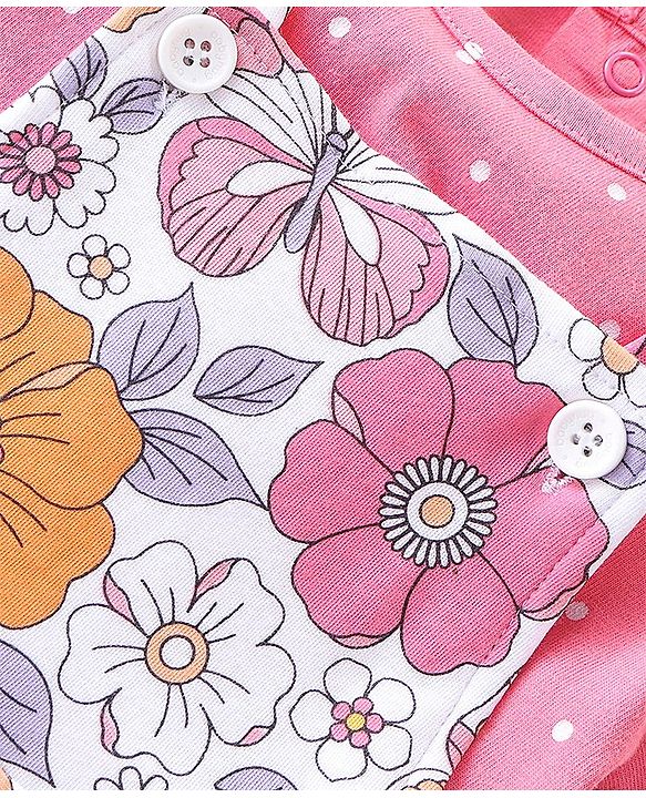 Babyhug Single Jersey Cotton Knit Dungaree & Half Sleeves Inner Tee Set Floral Print - Multicolour
