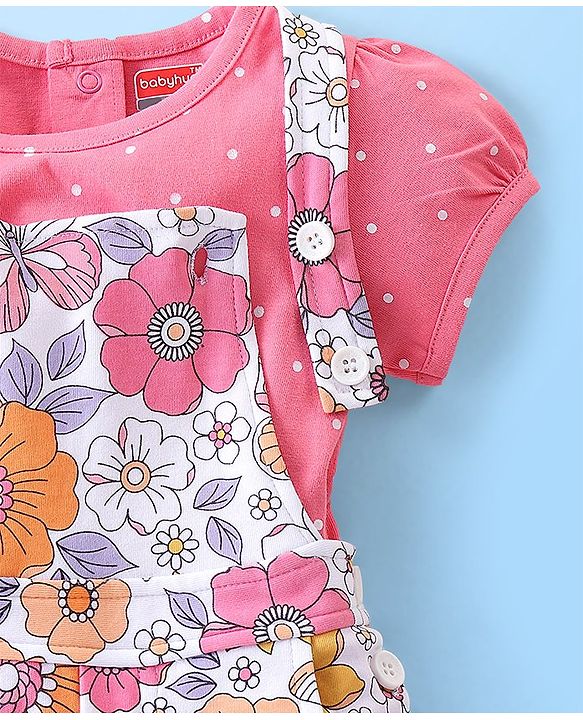 Babyhug Single Jersey Cotton Knit Dungaree & Half Sleeves Inner Tee Set Floral Print - Multicolour