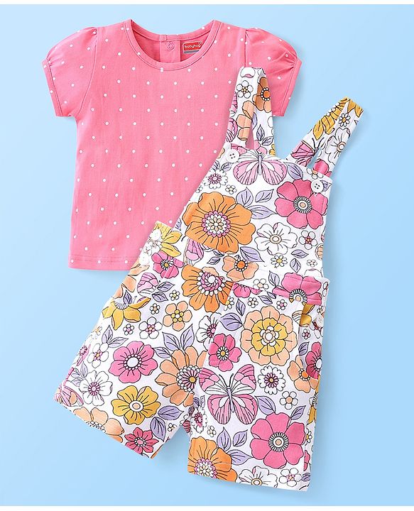 Babyhug Single Jersey Cotton Knit Dungaree & Half Sleeves Inner Tee Set Floral Print - Multicolour