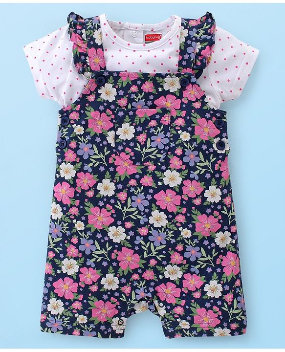 Babyhug 100% Cotton Knit Half Sleeves Polka Dot Print T-Shirt & Dungaree Set Floral Print - White & Blue