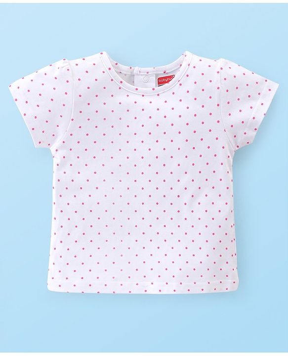 Babyhug 100% Cotton Knit Half Sleeves Polka Dot Print T-Shirt & Dungaree Set Floral Print - White & Blue
